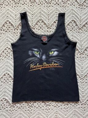 Vintage 1991 Harley Davidson "Cat Eyes" Tank Top 3D Emblem Size M Lace Trim